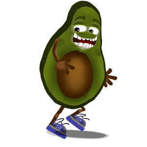 Walk behavior for Adobe Character Animator digital puppet is a slice of walking avocado fruit with expressive eyes and blue shoes.