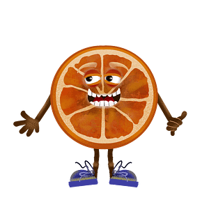 Digital download for Adobe Character Animator, fully rigged digital puppet is an orange slice with expressive eyes and blue shoes.