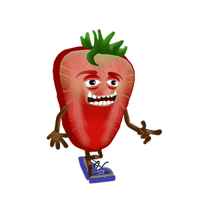 Walk behavior for Adobe Character Animator digital puppet is a slice of walking strawberry slice with expressive eyes and blue shoes.