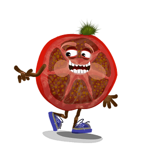 Walk behavior for Adobe Character Animator digital puppet is a slice of walking tomato with expressive eyes and blue shoes.