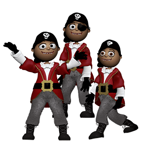 The Pirate Puppet BUNDLE with dark skin is three pirate puppets. All three puppets are fully rigged for Adobe Character Animator, all have lip sync, and head and body turns, one is fully rigged with the MOTION behavior and one is fully rigged with WALK behavior.