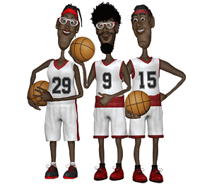 3 black basketball digital puppets. 1 male, 1 female, 1 bearded male