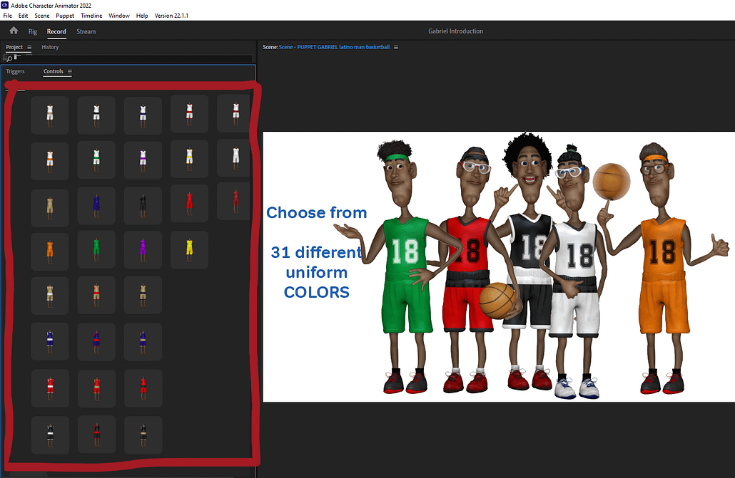 Gabriel male Latino basketball digital puppet with 31 uniform colors