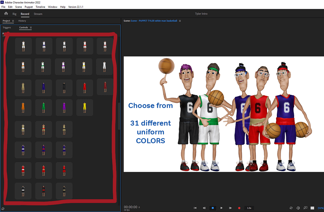 digital puppet basketball player Tyler Uniform colors