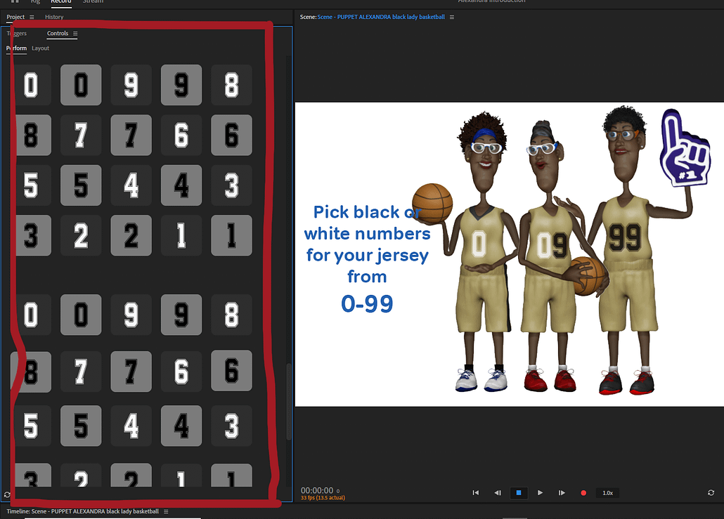 Alexandra basketball black girl digital puppet uniform numbers 0-99