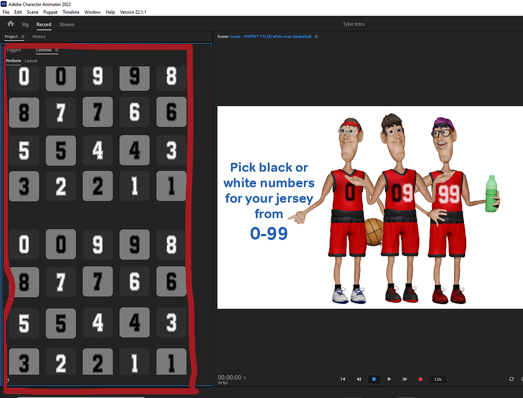 Digital puppet basketball player Tyler uniform numbers