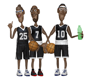 3 Latino basketball player digital puppets, one male, one female, one bearded male