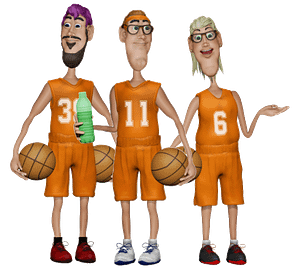 3 white basketball players digital puppets for Adobe Character Animator. 1 female, 1 male, 1 bearded male