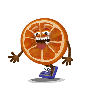 digital download walk behavior for Adobe Character Animator digital puppet is a slice of walking orange fruit with expressive eyes and blue shoes.