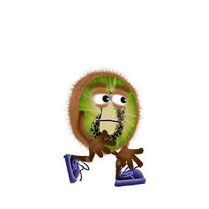 Walk behavior for Adobe Character Animator digital puppet is a slice of walking kiwi fruit with expressive eyes and blue shoes.