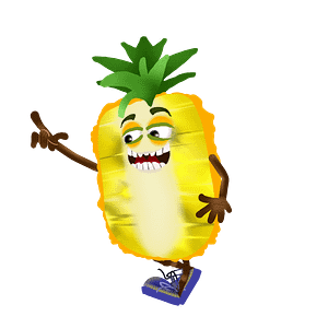 Walk behavior for Adobe Character Animator digital puppet is a slice of walking pineapple fruit with expressive eyes and blue shoes.