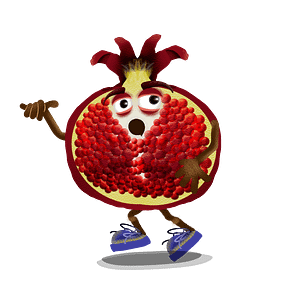 Walk behavior for Adobe Character Animator digital puppet is a slice of walking pomegranate fruit with expressive eyes and blue shoes.